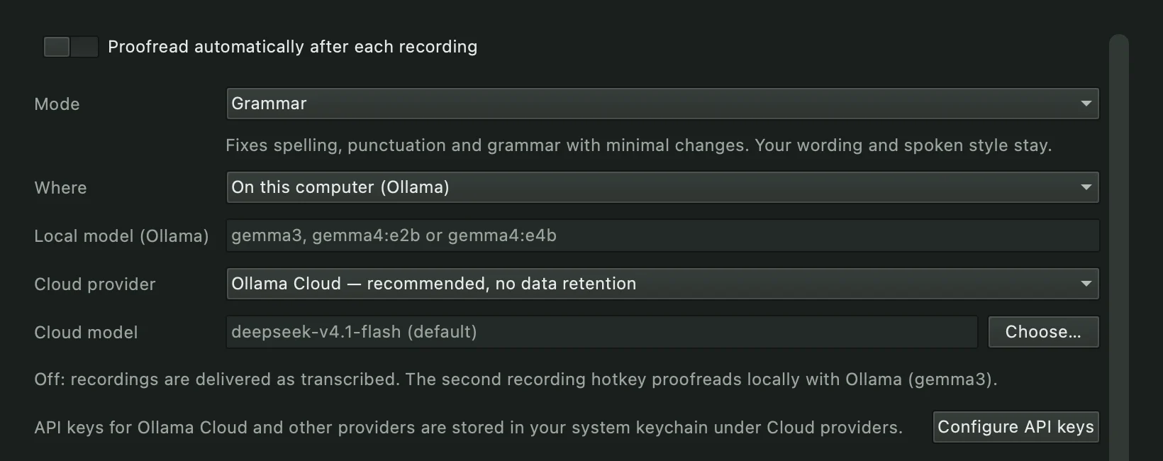 Viska settings: proofread automatically after each recording, mode Grammar or Intuitive, on this computer with Ollama or in the cloud with Ollama Cloud and DeepSeek V4.1 Flash